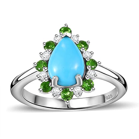 Sleeping Beauty Turquoise, Natural Chrome Diopside, White Zircon  Main Stone With Side Stone Ring in Rhodium Sterling Silver Ct 1.75