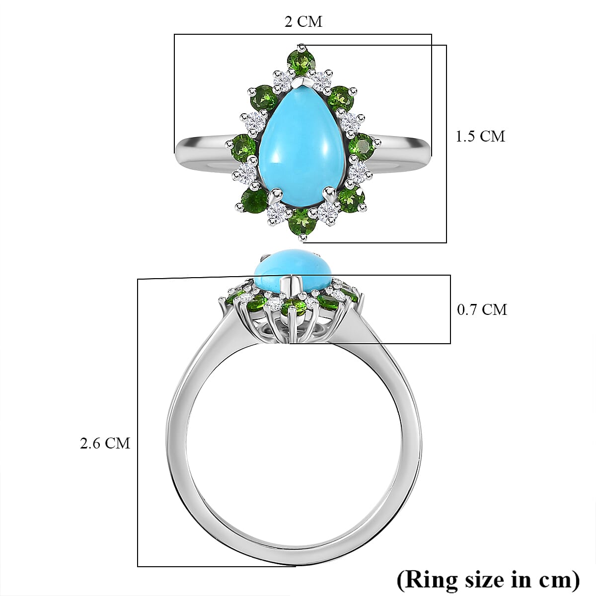 Sleeping Beauty Turquoise, Natural Chrome Diopside & White Zircon Ring in Rhodium Overlay Sterling Silver 1.75 Ct. Sleeping Beauty Turquoise, Natural Chrome Diopside & White Zircon Ring in Rhodium Overlay Sterling Silver 1.75 Ct.