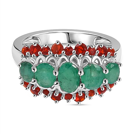 Rare Find - Emerald & Cherry Fire Opal Ring in Rhodium Overlay Sterling Silver 1.75 Ct.