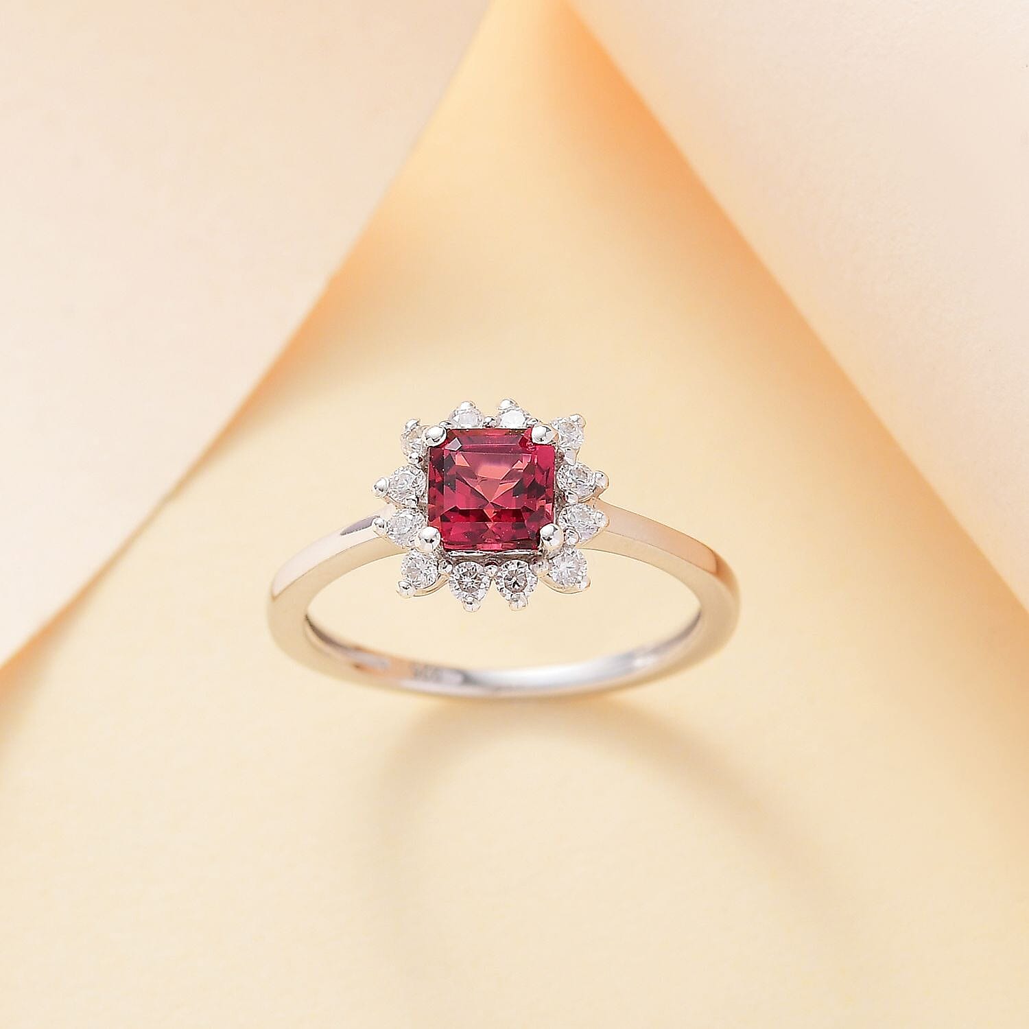 Rubellite & Moissanite Ring in Rhodium Sterling Silver 1.00 ct