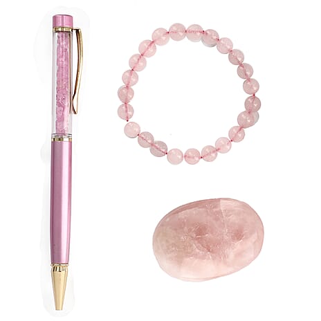 Set of 3 Beautiful Rose Quartz Gift Set- Crystal Palm Stone, Beaded Bracelet, Gem Pen - Pink