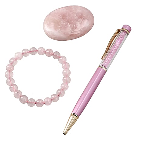 Set of 3 Beautiful Rose Quartz Gift Set- Crystal Palm Stone, Beaded Bracelet, Gem Pen - Pink