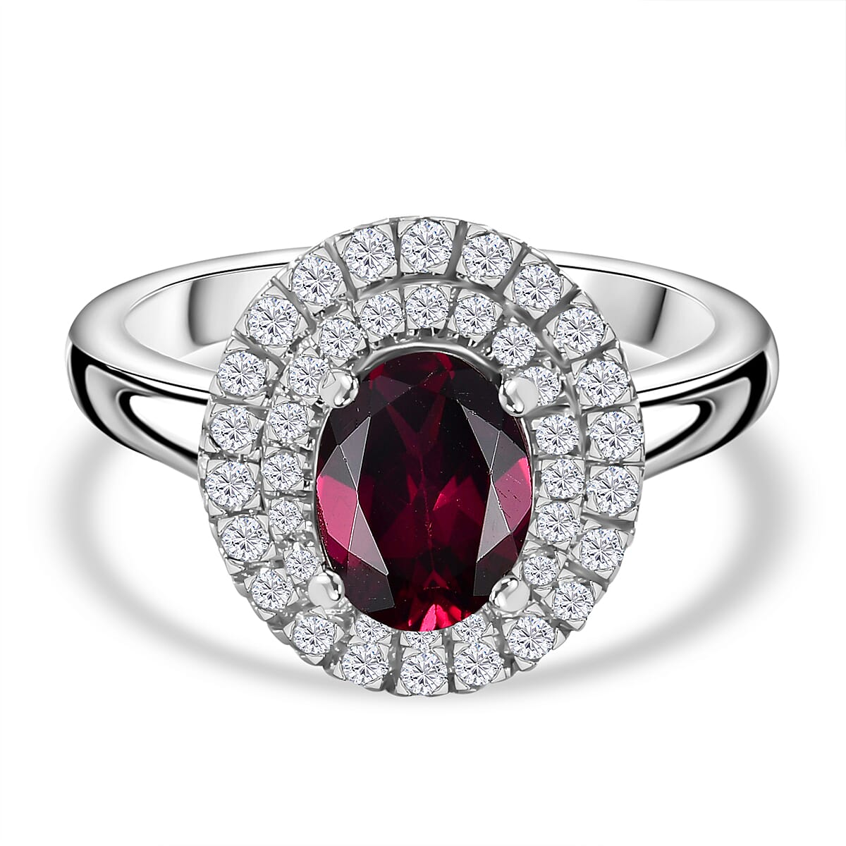 Natural Ember Garnet, Moissanite Double Halo Ring in Rhodium Overlay Sterling Silver 1.95 Cts