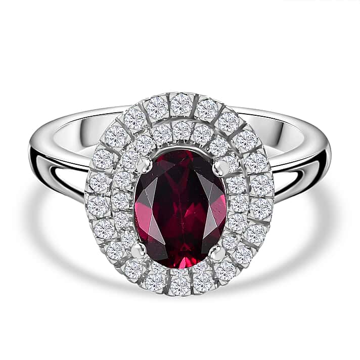 Natural Ember Garnet, Moissanite Double Halo Ring in Rhodium Overlay Sterling Silver 1.95 Cts