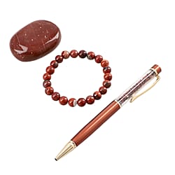 Set of 3 Beautiful Jasper Gift Set- Crystal Palm Stone, Beaded Bracelet, Gem Pen - Red