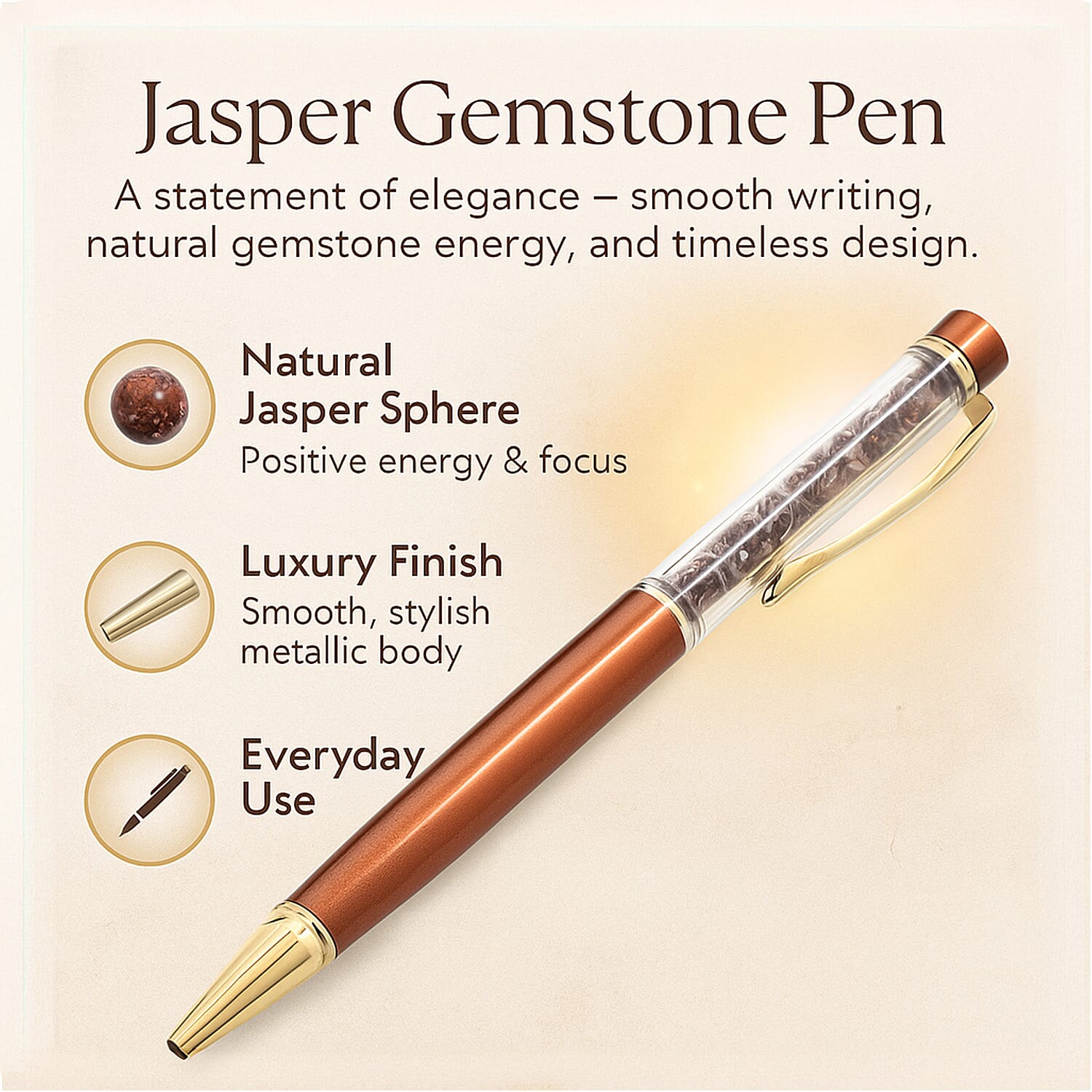 Set of 3 Beautiful Jasper Gift Set- Crystal Palm Stone, Beaded Bracelet, Gem Pen - Red