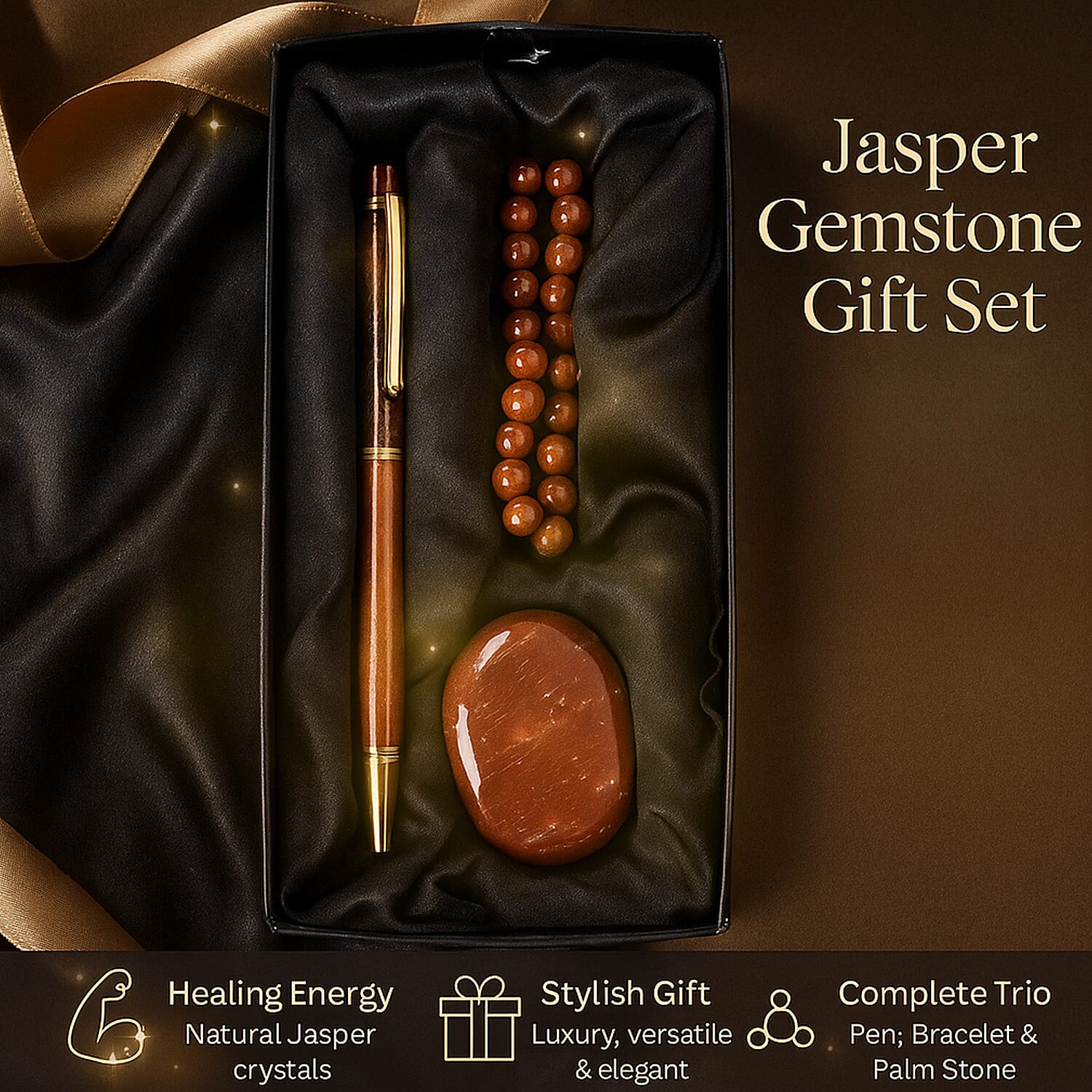 Set of 3 Beautiful Jasper Gift Set- Crystal Palm Stone, Beaded Bracelet, Gem Pen - Red