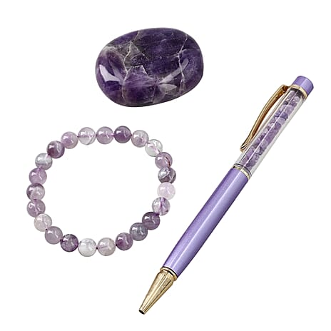 Set of 3 Beautiful Amythyst Gift Set- Gemstone Palm Stone, Beaded Bracelet, Pen with Gemstone Sphere on Top - Blue