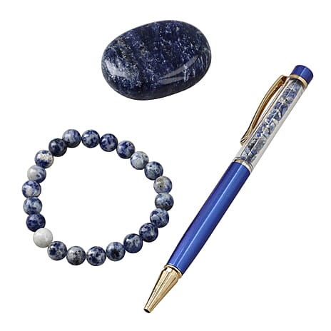 Set of 3 Beautiful Sodolite Gift Set- Gemstone Palm Stone, Beaded Bracelet, Pen with Gemstone Sphere on Top - Light Blue