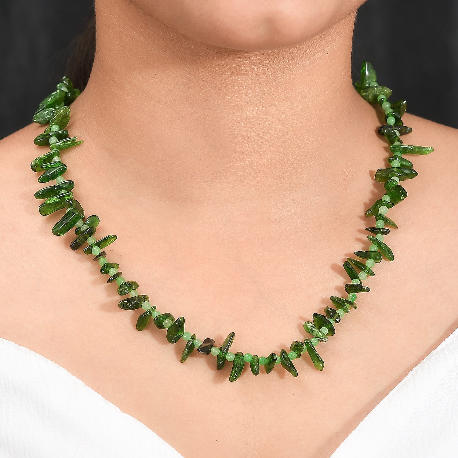 Natural Chrome Diopside, Green Jade Necklace (Size - 20) With Senorita Clasp in Pure White Rhodium Overlay, 107.000 Ct.