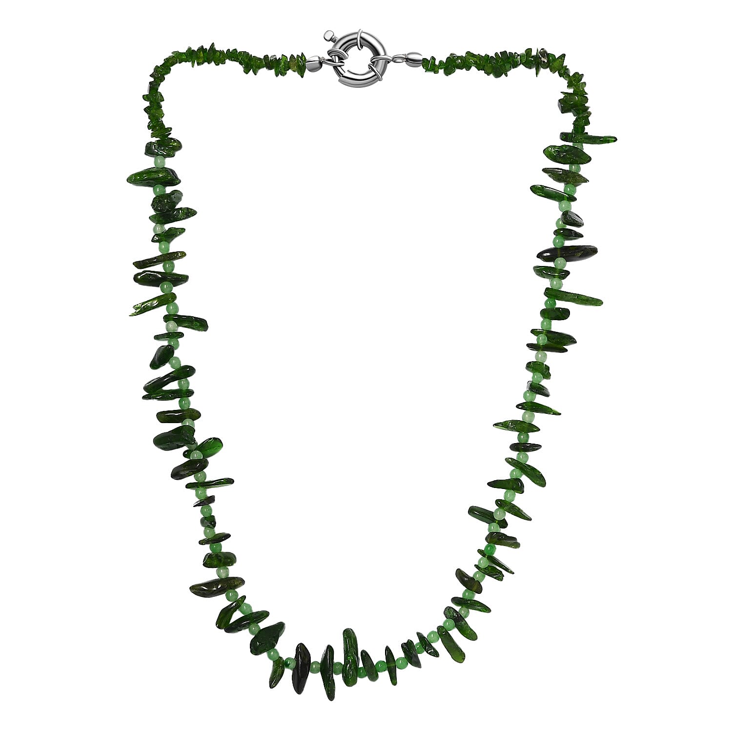 Natural Chrome Diopside, Green Jade Necklace (Size - 20) With Senorita Clasp in Pure White Rhodium Overlay, 107.000 Ct.