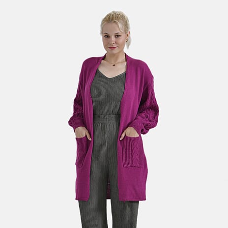 Tamsy Knitted Full Sleeves Open Front Cardigan with Pockets (Size - One Size) - Magenta