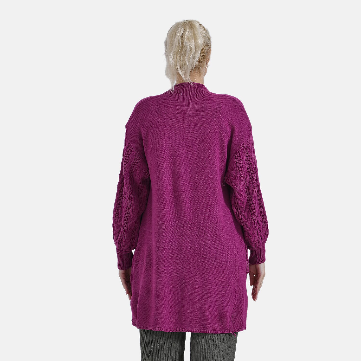 Tamsy Knitted Full Sleeves Open Front Cardigan with Pockets (Size - One Size) - Magenta