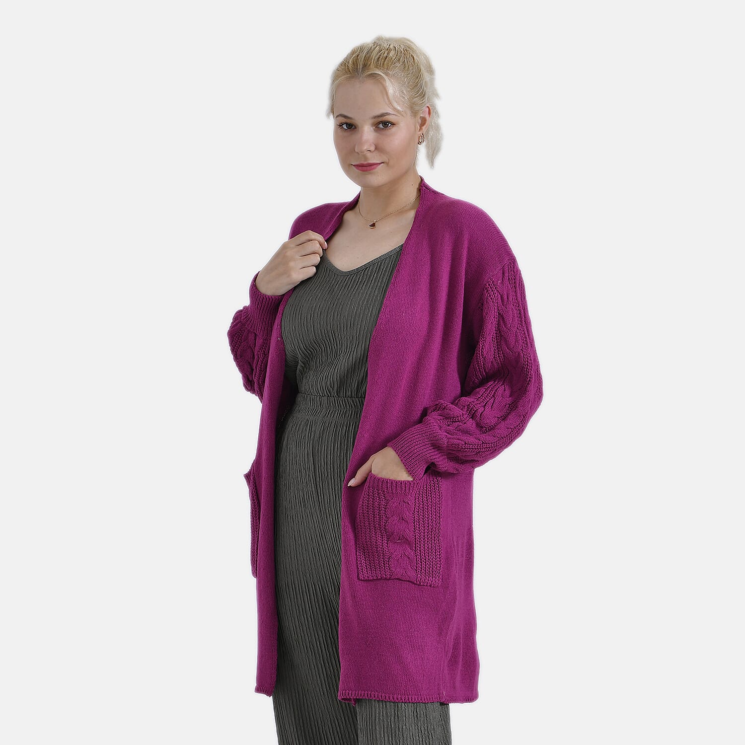 Tamsy Knitted Full Sleeves Open Front Cardigan with Pockets (Size - One Size) - Magenta