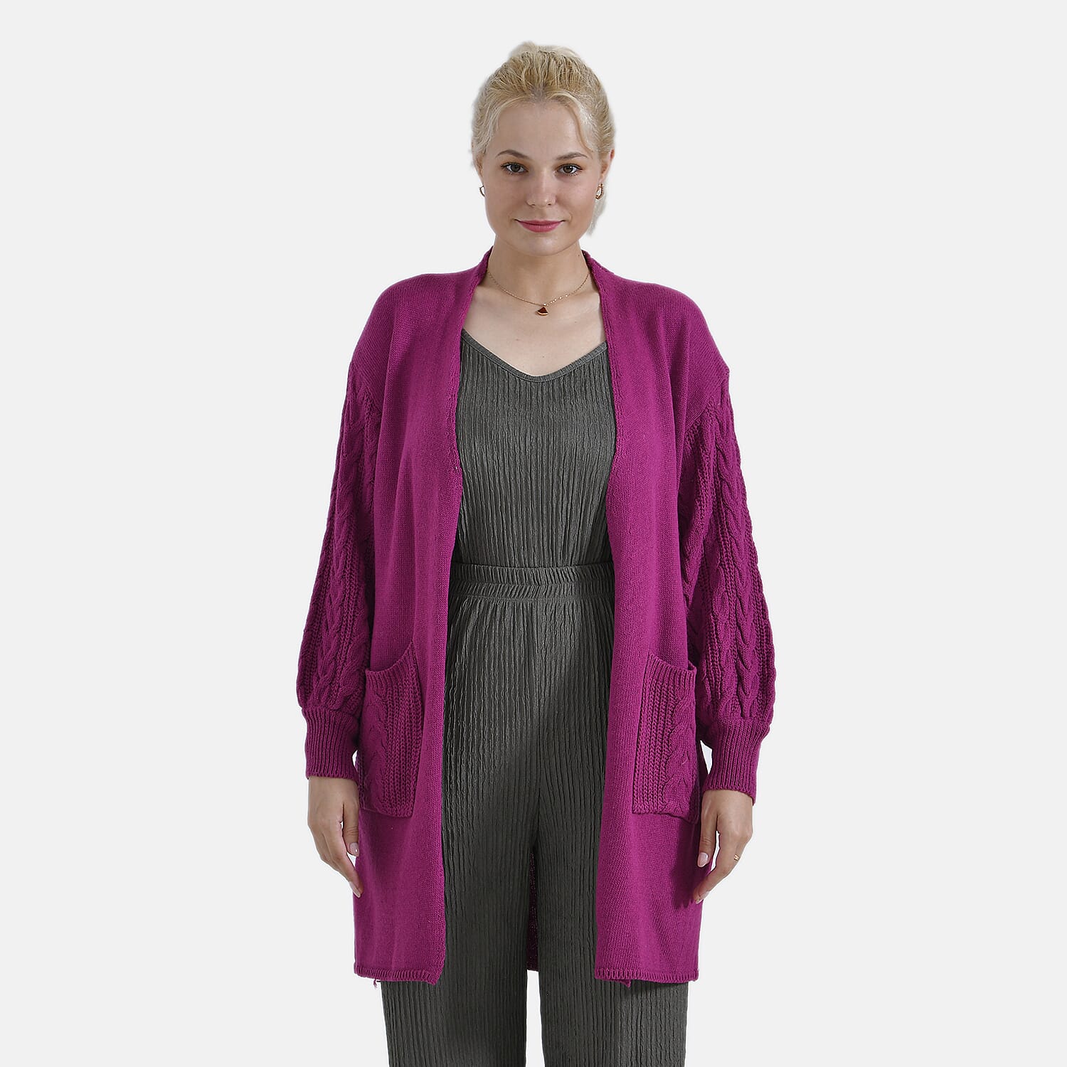 Tamsy Knitted Full Sleeves Open Front Cardigan with Pockets (Size - One Size) - Magenta