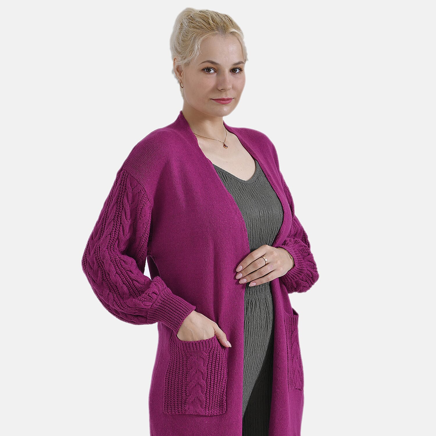 Tamsy Knitted Full Sleeves Open Front Cardigan with Pockets (Size - One Size) - Magenta
