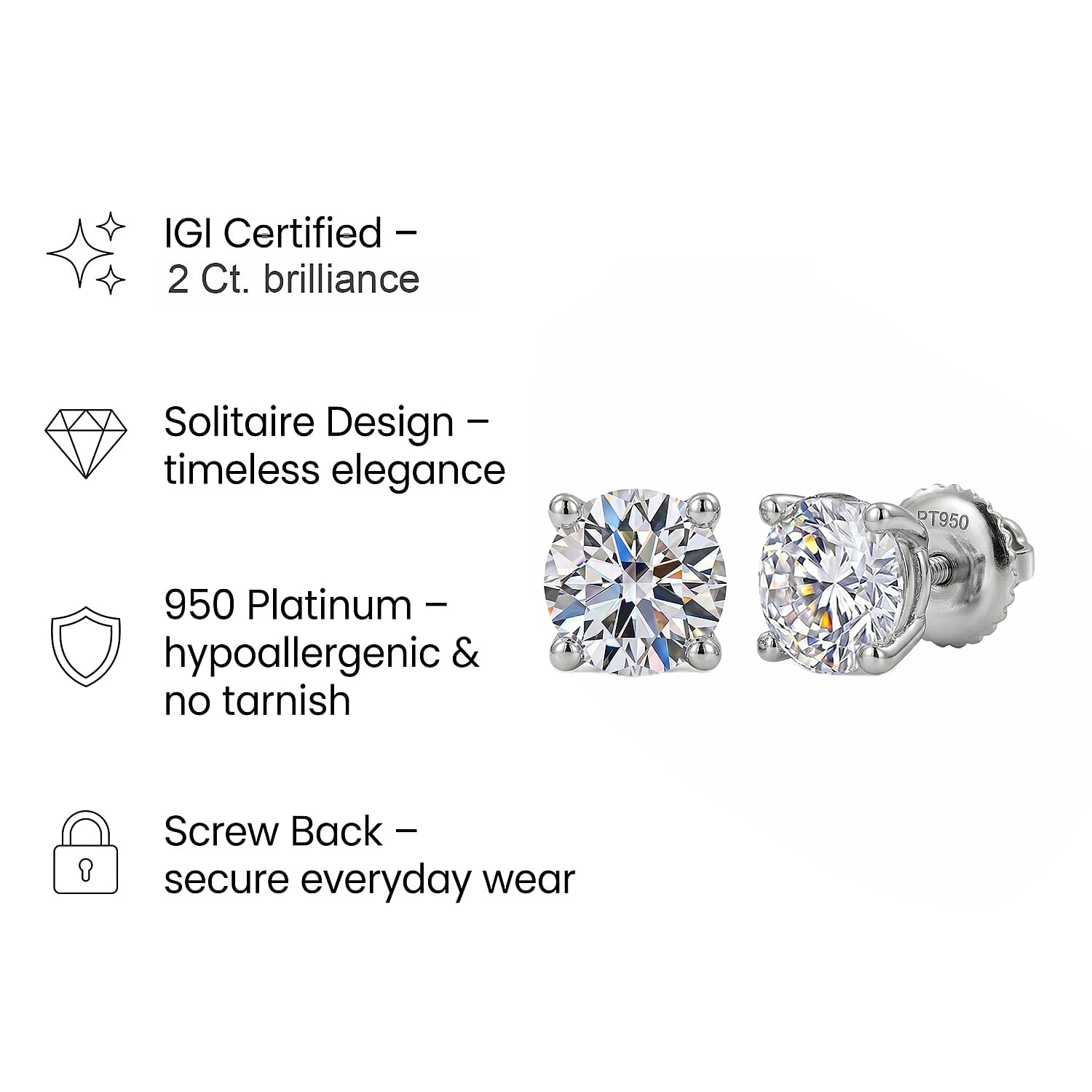 Luxuriant Diamond 2 Ct. Lab Grown Diamond Solitaire Stud Earrings in 950 Platinum, SGL Certified 2 Ct.