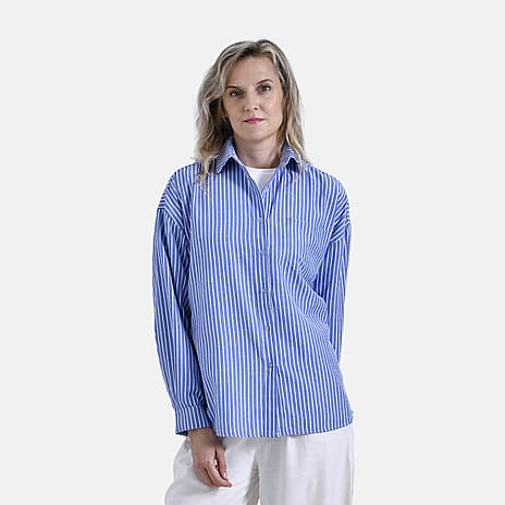 La Marey Striped Pattern Shirt (Size L, 16 to 18) - Blue - White