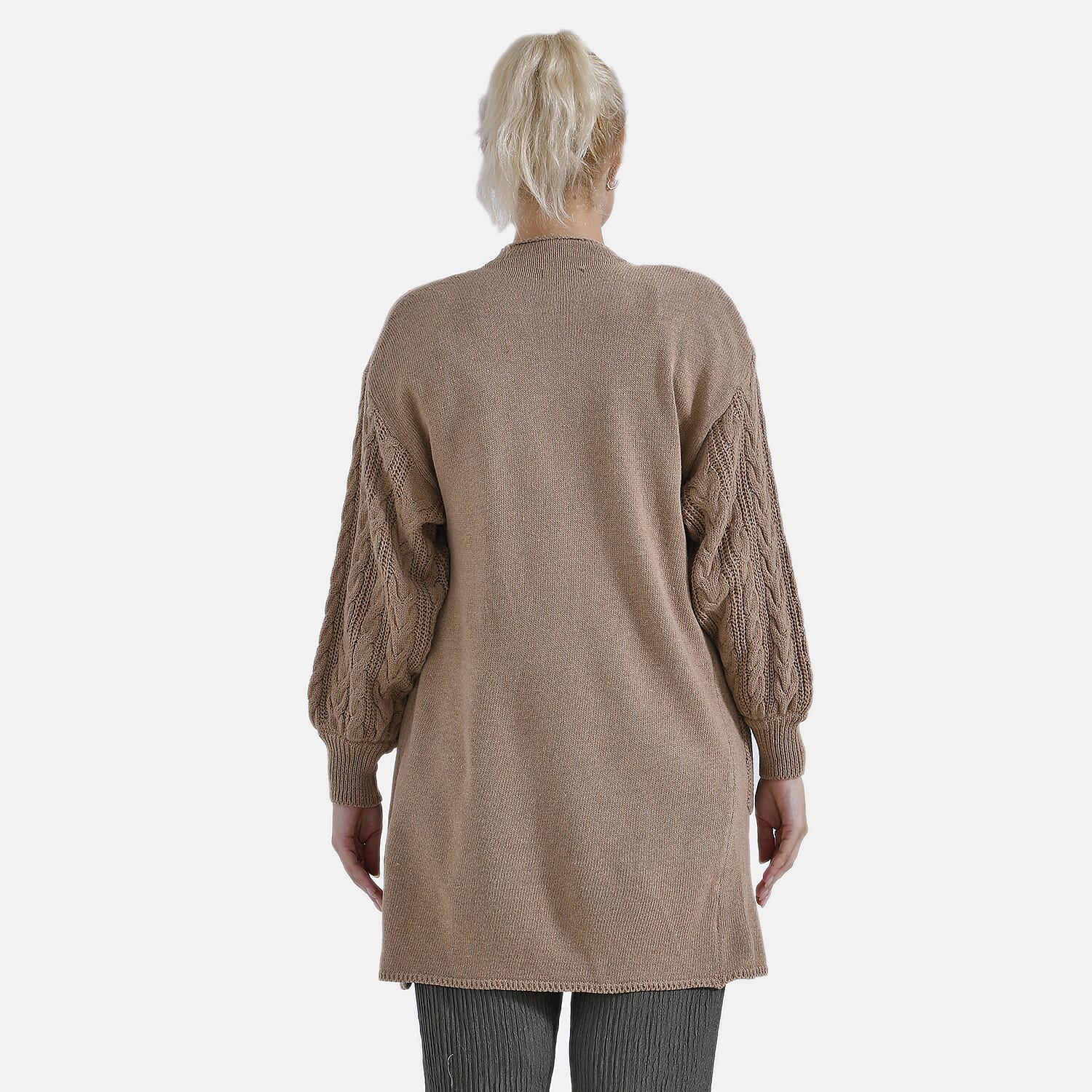 Tamsy Knitted Full Sleeves Open Front Cardigan with Pockets (Size - One Size) - Camel