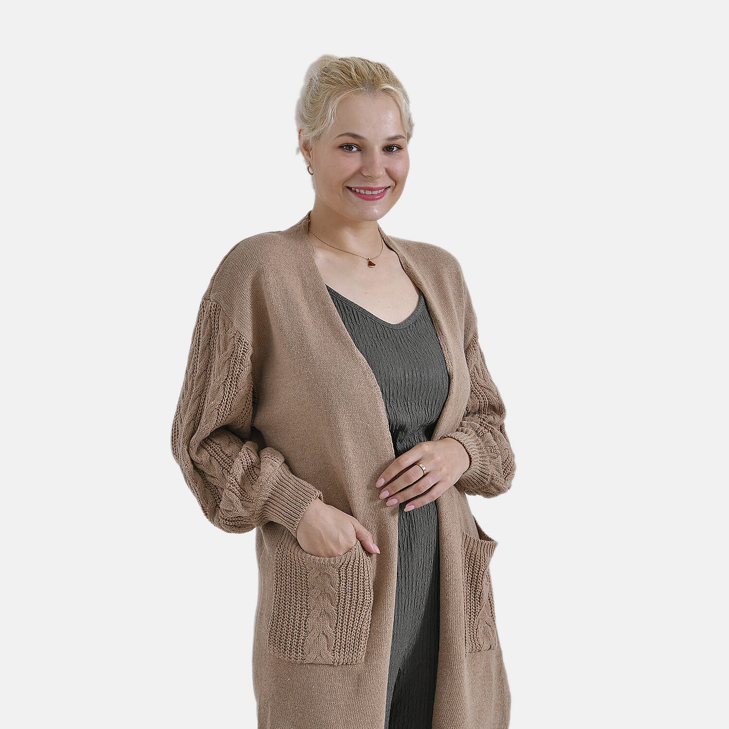 Tamsy Knitted Full Sleeves Open Front Cardigan with Pockets (Size - One Size) - Camel