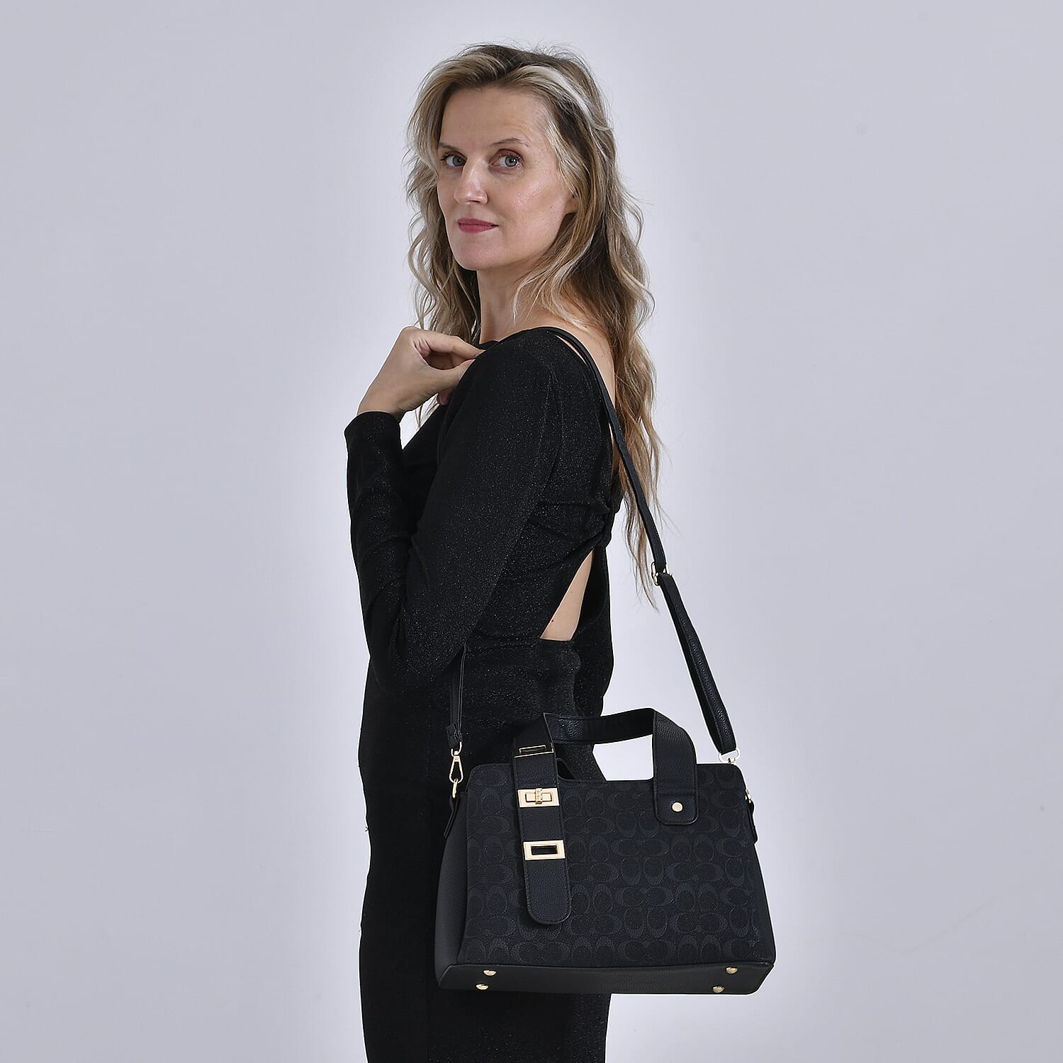 Designer Inspired Patterned Crossbody Bag - Black