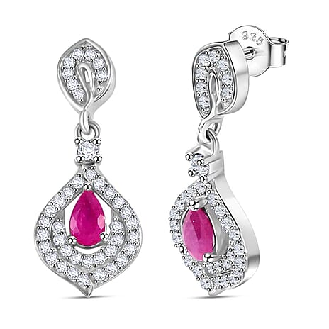 Gemfields Montepuez Ruby ,  White Zircon  Solitaire Stud Push Post Earring in rhodium Sterling Silver 2.12 ct