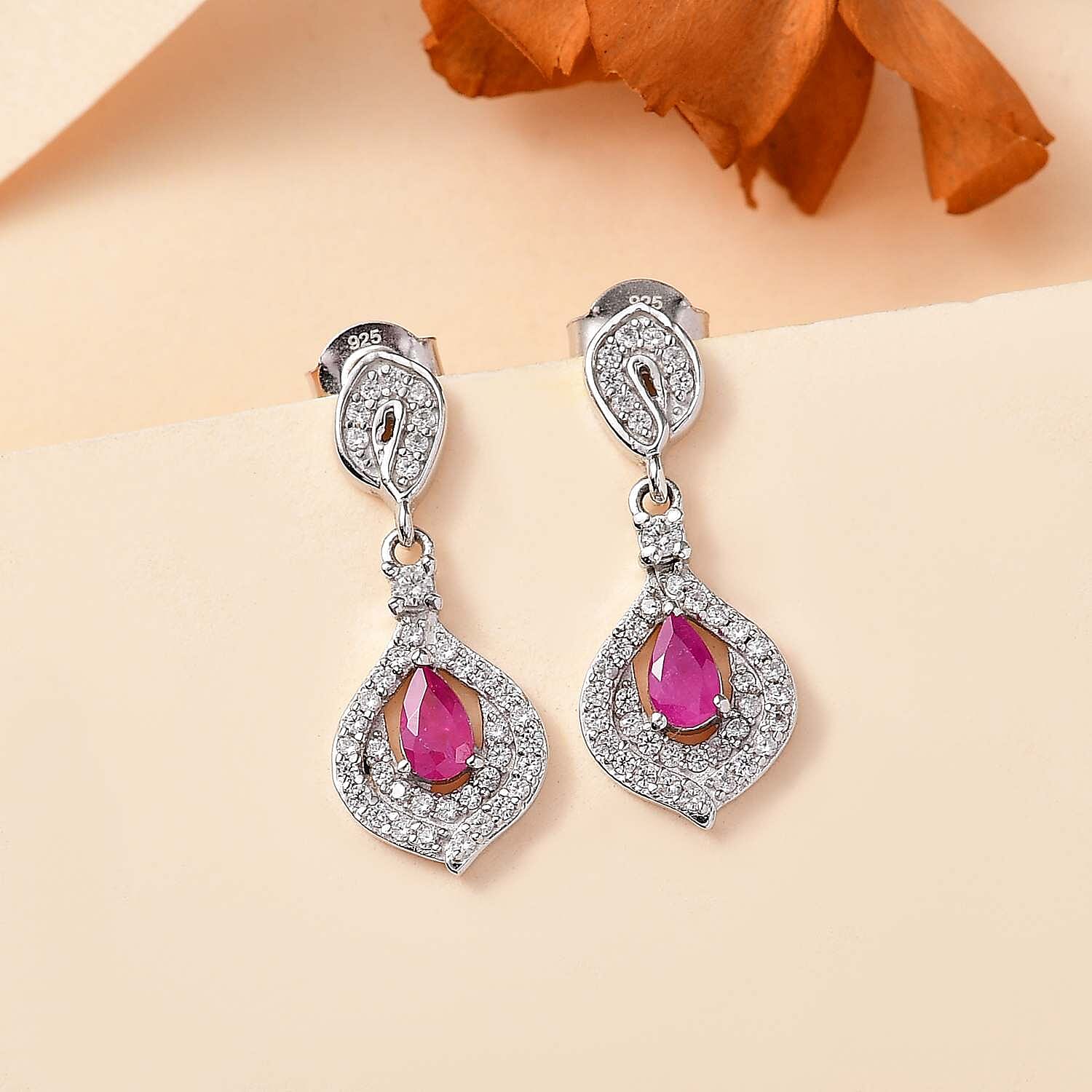 Gemfields Montepuez Ruby & White Zircon Stud Push Post Earring in Rhodium Overlay Sterling Silver 1.26 Ct.