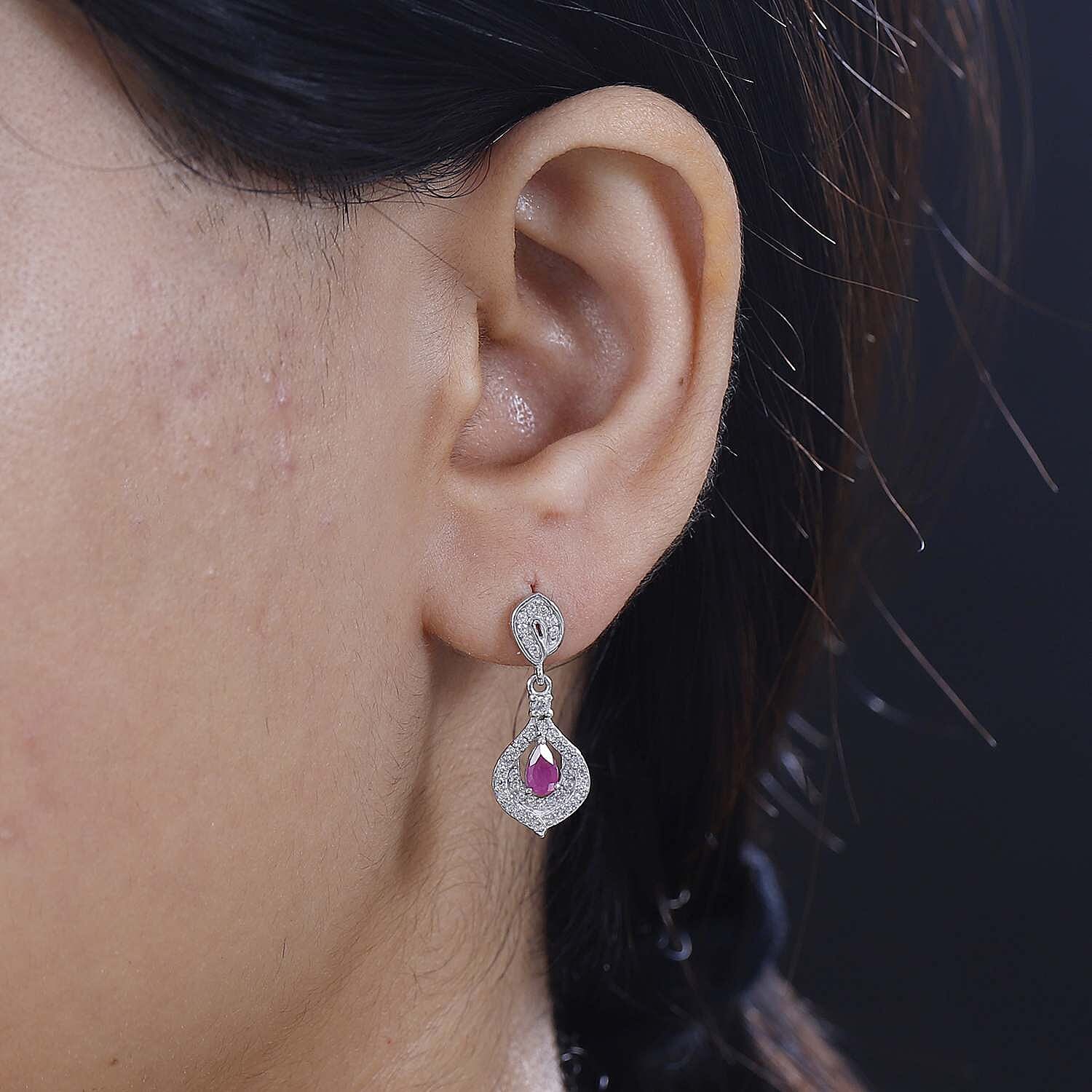 Gemfields Montepuez Ruby & White Zircon Stud Push Post Earring in Rhodium Overlay Sterling Silver 1.26 Ct.