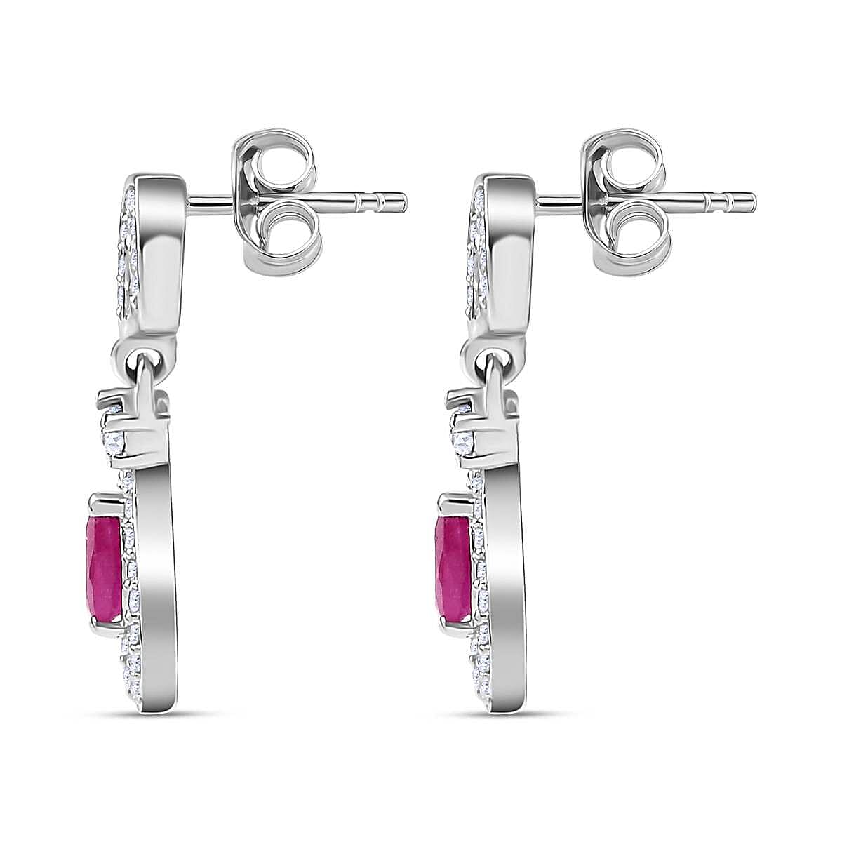 Gemfields Montepuez Ruby & White Zircon Stud Push Post Earring in Rhodium Overlay Sterling Silver 1.26 Ct.