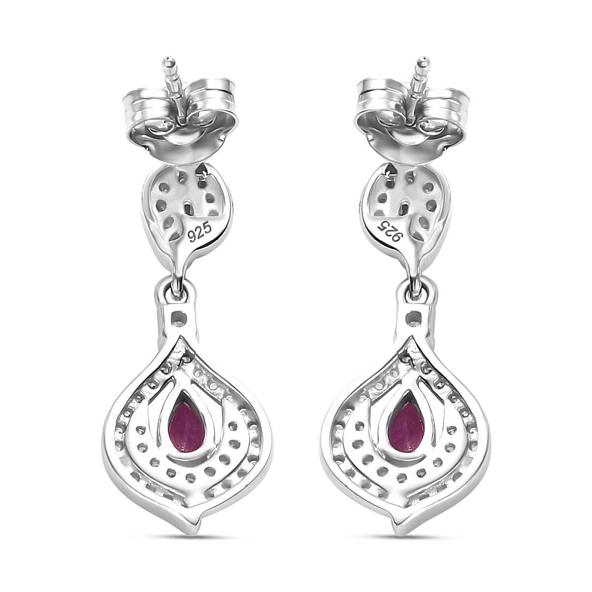 Gemfields Montepuez Ruby & White Zircon Stud Push Post Earring in Rhodium Overlay Sterling Silver 1.26 Ct.