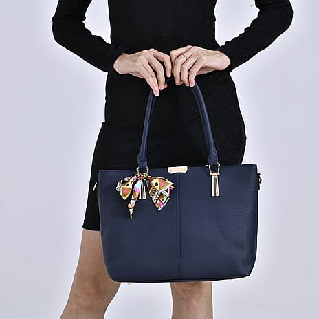 Designer Inspired Patterned Large Tote Bag - Navy