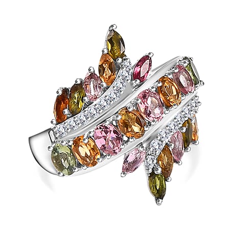 Multi-Tourmaline, White Zircon Cluster Ring in Rhodium Plated Sterling Silver