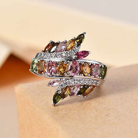Multi-Tourmaline,White Zircon Cluster Ring in Rhodium Sterling Silver 2.66 ct