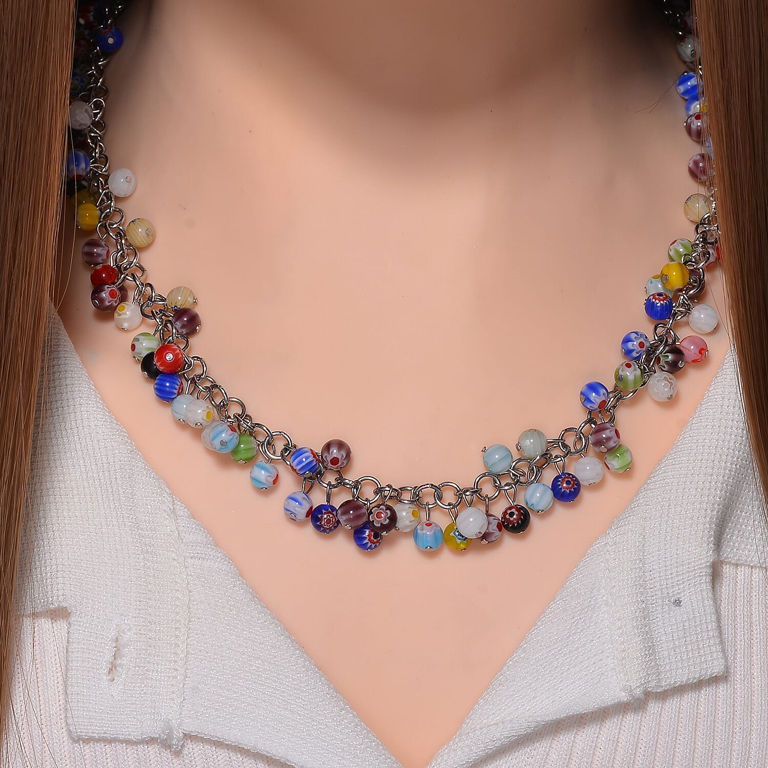 Multi Color Murano Glass Style Necklace (Size - 20 - 2 ) in Pure White Stainless Steel.