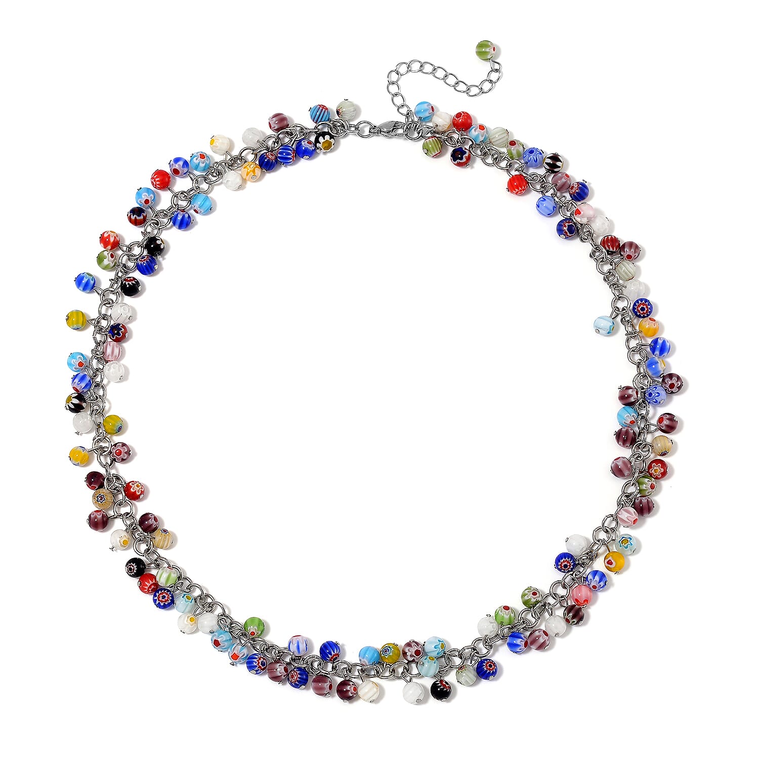 Multi Color Murano Glass Style Necklace (Size - 20 - 2 ) in Pure White Stainless Steel.