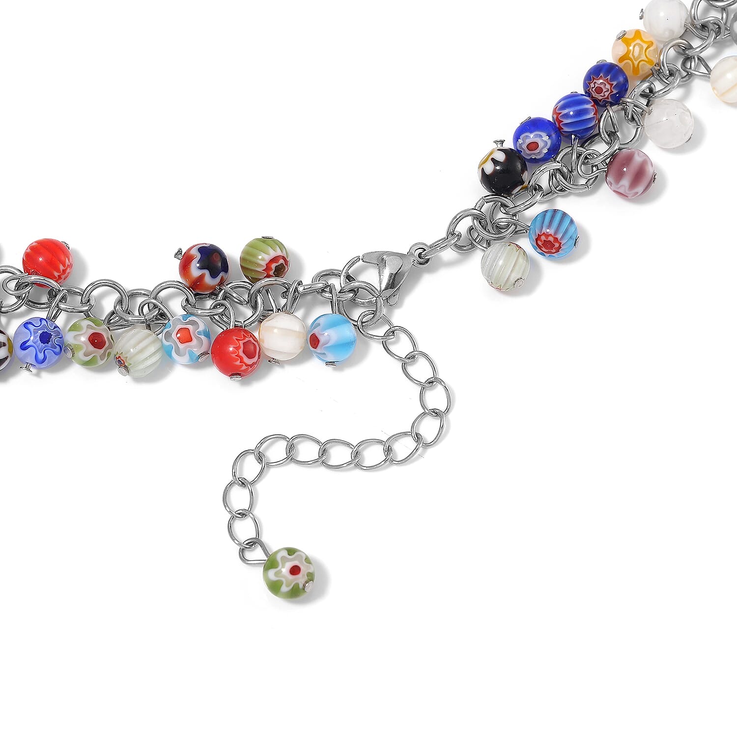 Multi Color Murano Glass Style Necklace (Size - 20 - 2 ) in Pure White Stainless Steel.
