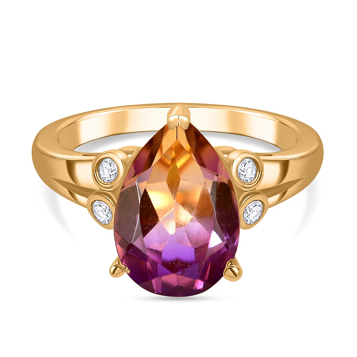 Ametrine Triplet Quartz, White Zircon Gold Overlay Ring  4.326 Ct.