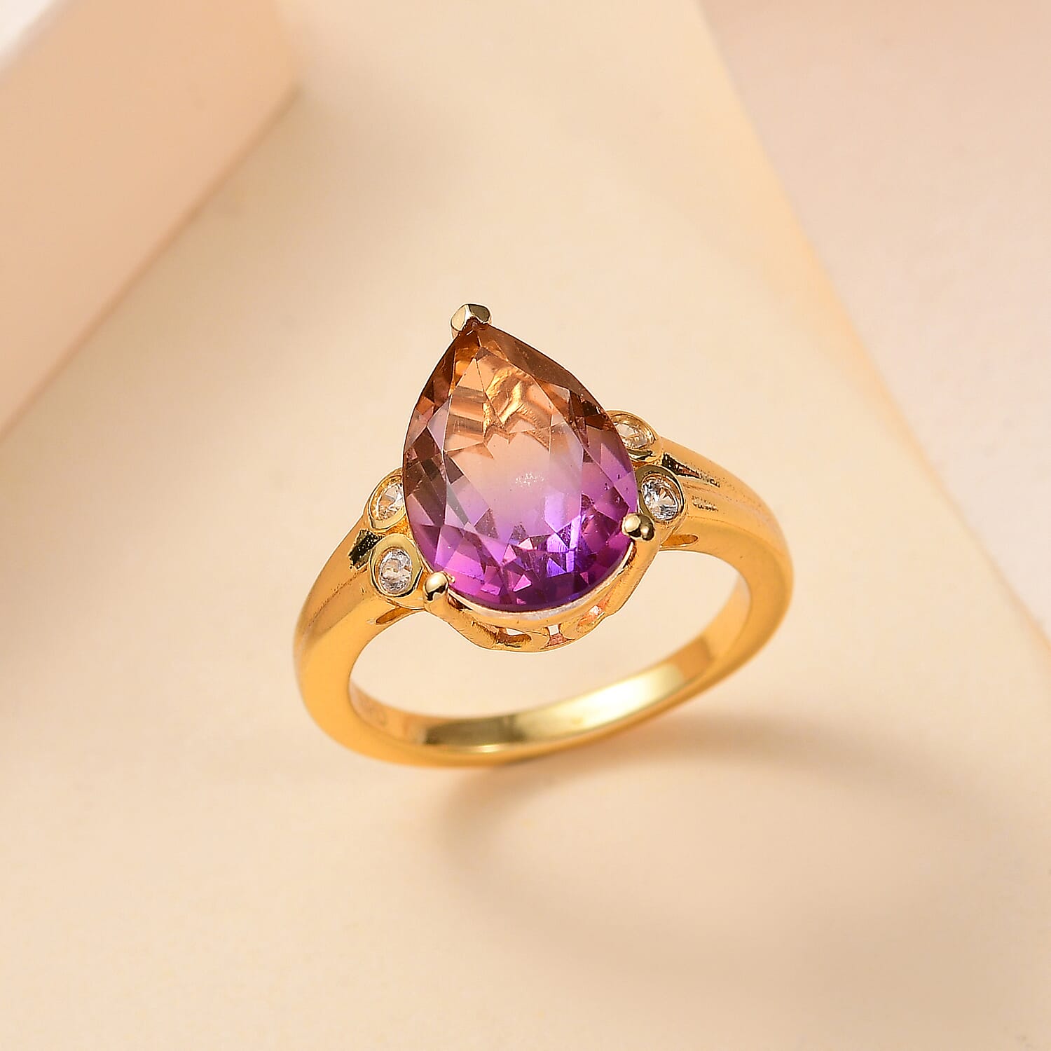 Ametrine Triplet Quartz, White Zircon Gold Overlay Ring  4.326 Ct.