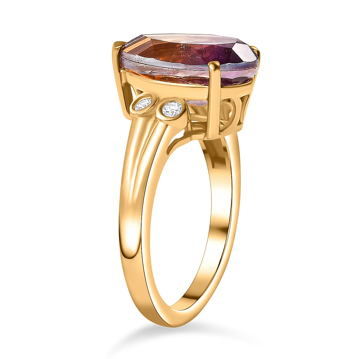 Ametrine Triplet Quartz, White Zircon Gold Overlay Ring  4.326 Ct.