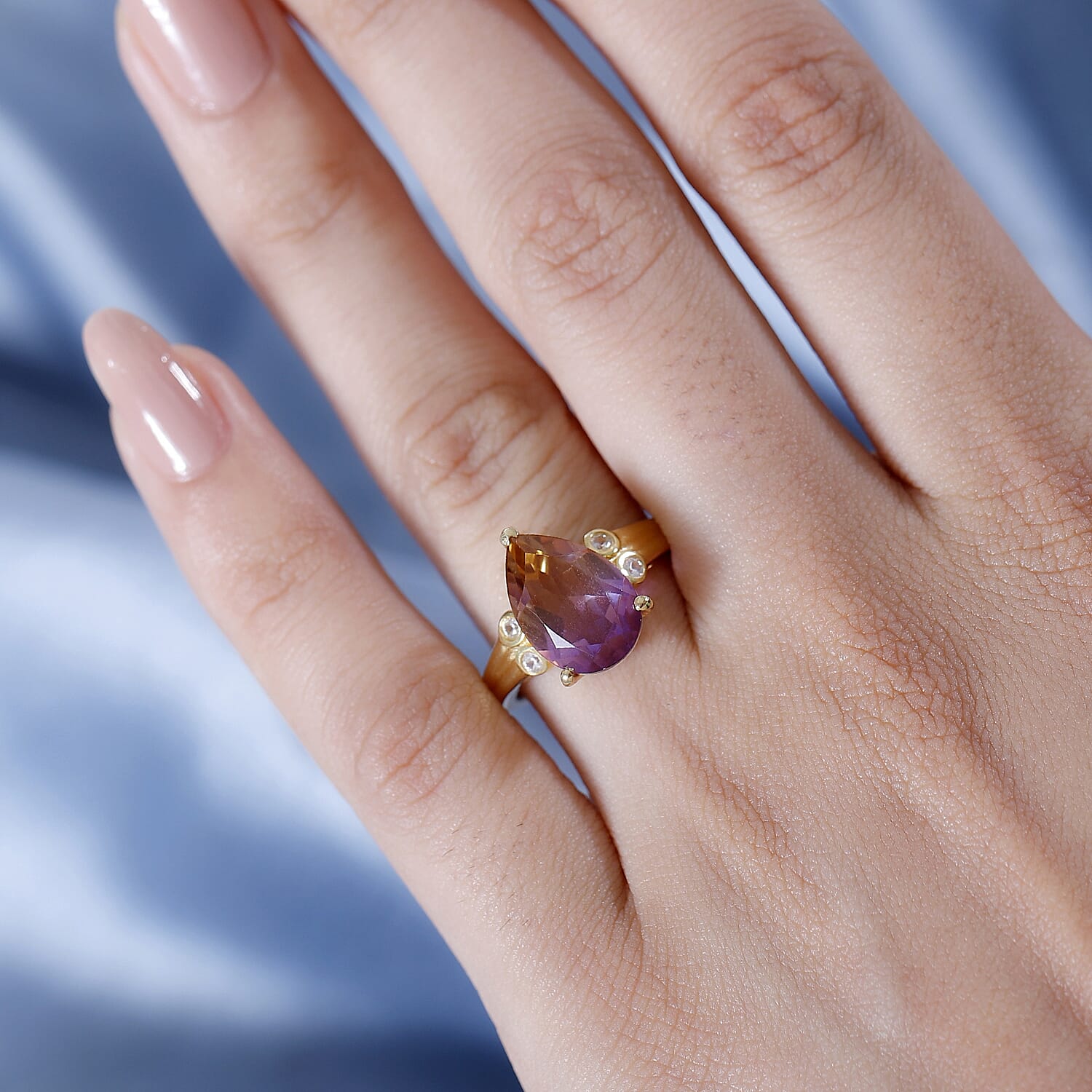 Ametrine Triplet Quartz, White Zircon Gold Overlay Ring  4.326 Ct.