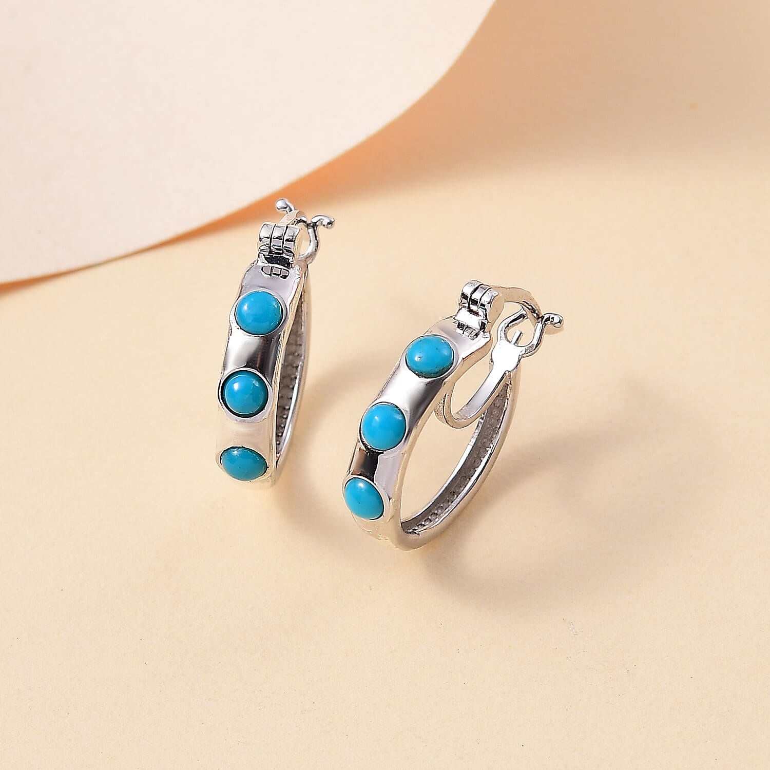 Sleeping Beauty Turquoise Half Hoop Earring With Clasp in Rhodium Overlay Sterling Silver