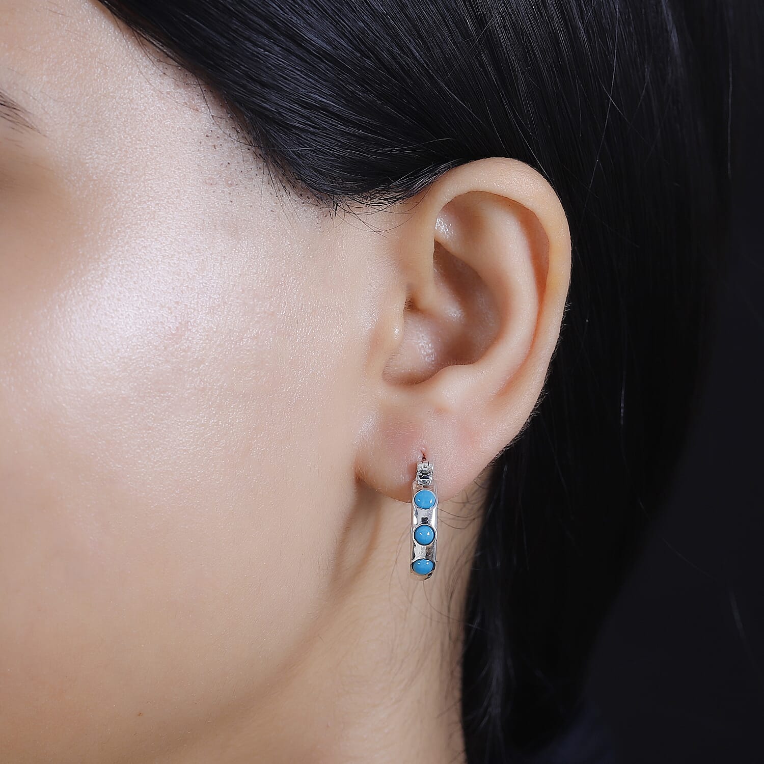 Sleeping Beauty Turquoise Half Hoop Earring With Clasp in Rhodium Overlay Sterling Silver