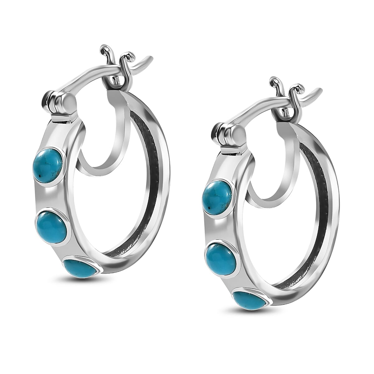 Sleeping Beauty Turquoise Half Hoop Earring With Clasp in Rhodium Overlay Sterling Silver