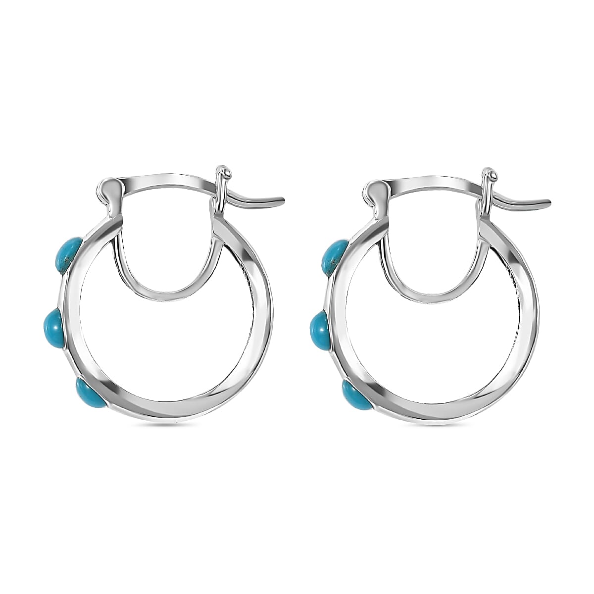 Sleeping Beauty Turquoise Half Hoop Earring With Clasp in Rhodium Overlay Sterling Silver