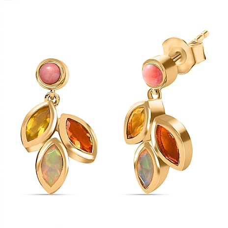 Opal Opulence - Peach, Welo, Yellow & Fire Opal Cluster Dangling Earring in 18K Vermeil Yellow Gold Plated Sterling Silver 1.16 Ct.