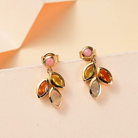 Opal Opulence - Peach, Welo, Yellow & Fire Opal Cluster Dangling Earring in 18K Vermeil Yellow Gold Plated Sterling Silver 1.16 Ct.