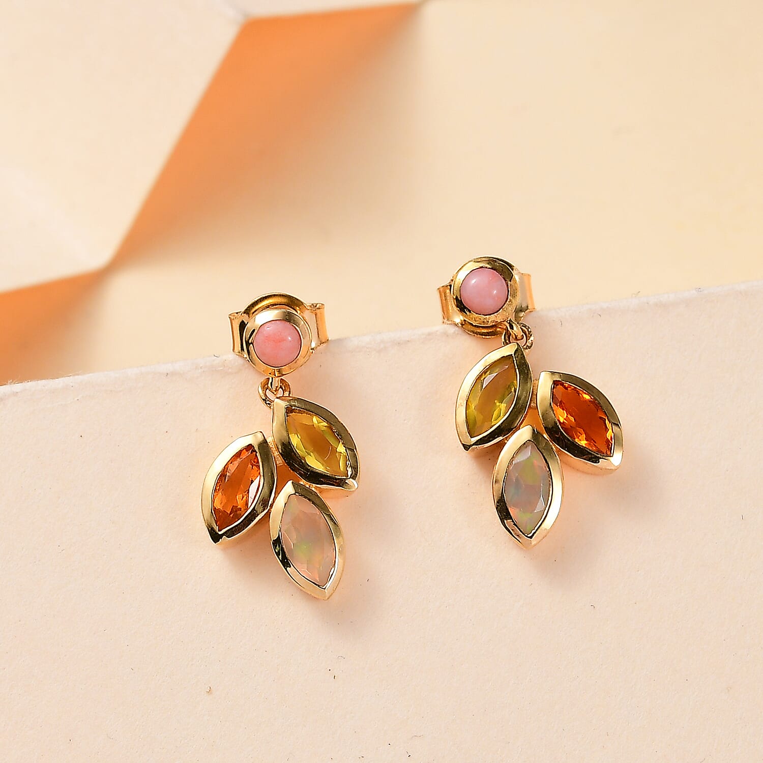 Opal Opulence - Peach, Welo, Yellow & Fire Opal Cluster Dangling Earring in 18K Vermeil Yellow Gold Plated Sterling Silver 1.16 Ct.