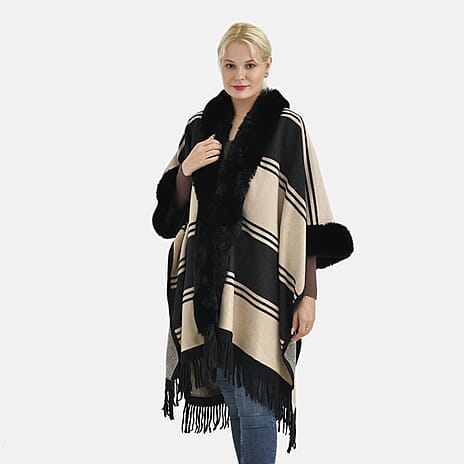 La Marey Faux Fur Trim Striped Poncho (One Size) - Black - White