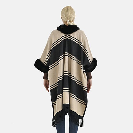 La Marey Faux Fur Trim Striped Poncho (One Size) - Black - White