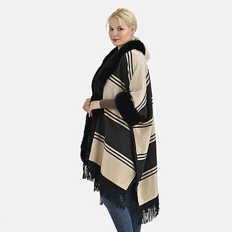 La Marey Faux Fur Trim Striped Poncho (One Size) - Black - White